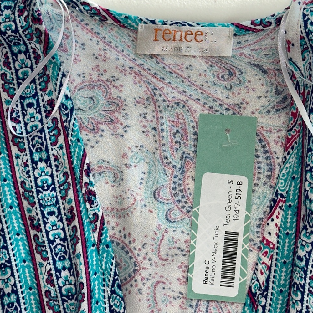 NWT RENEE C Kailano V- Neck Tunic in a Teal Green and White Paisley Size Small. - Picture 9 of 13